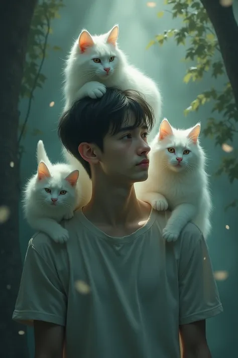 A sad guy with his guardian angel cats