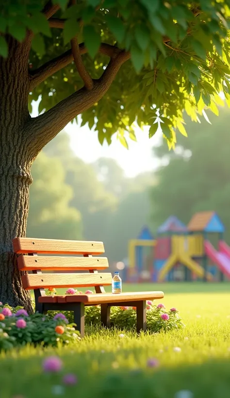 ((picture taken from the front)), 3D animation with a vibrant color vibrant, a wooden park bench placed under the shade of a large tree, surrounded by soft green grass and colorful flowerbeds. A water bottle is placed on the bench, and the distant playgrou...