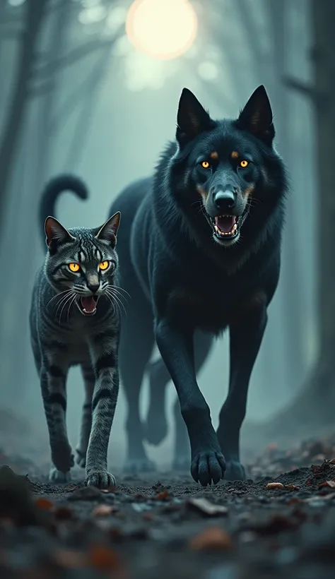 "A striking scene of a massive, muscular dog and an elegant yet fearsome cat walking side by side through a misty, moonlit forest. The dog, with its powerful build, sharp teeth, and piercing eyes, exudes dominance, while the cat, sleek and agile, has glowi...