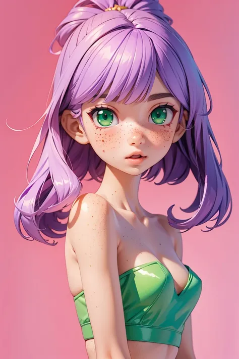 (masterpiece, highres, high resolution:1.2), anime 20 yo girl, portrait, shoulders up, illustration. drawn, violet hair woman, green eyes, blushing, solo, surprised, freckles, big lips, small breasts, skinny body, wearing a tube top, no hands.