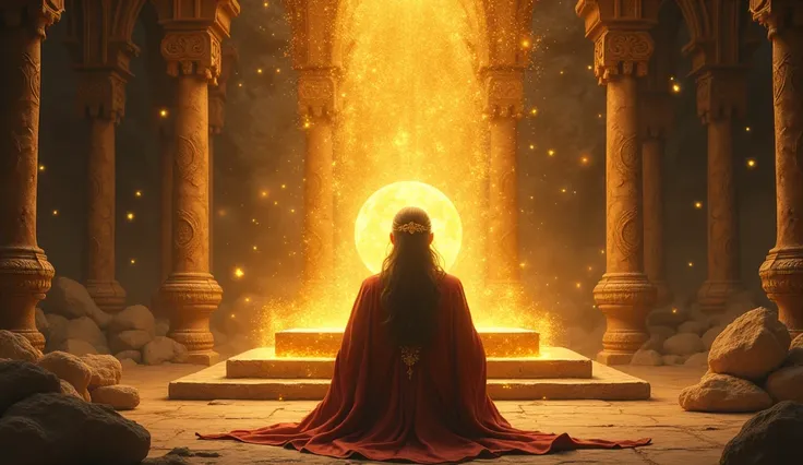 "The wise character sits at a glowing, ancient altar surrounded by vibrant, golden symbols of hope and motivation. A magical scroll floats before them, radiating a warm light, symbolizing the realization of their why and their purpose to move forward."