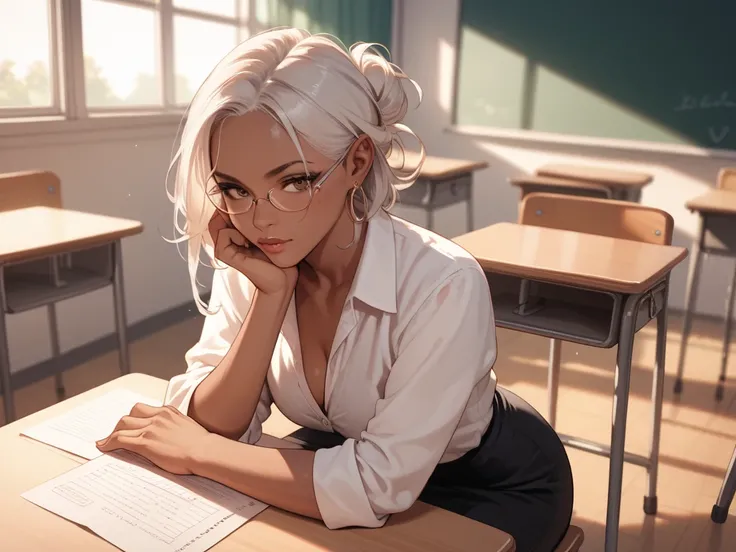 A sexy teacher, brown skinned,  White hair,  light brown eyes , in the classroom, With short teacher clothes