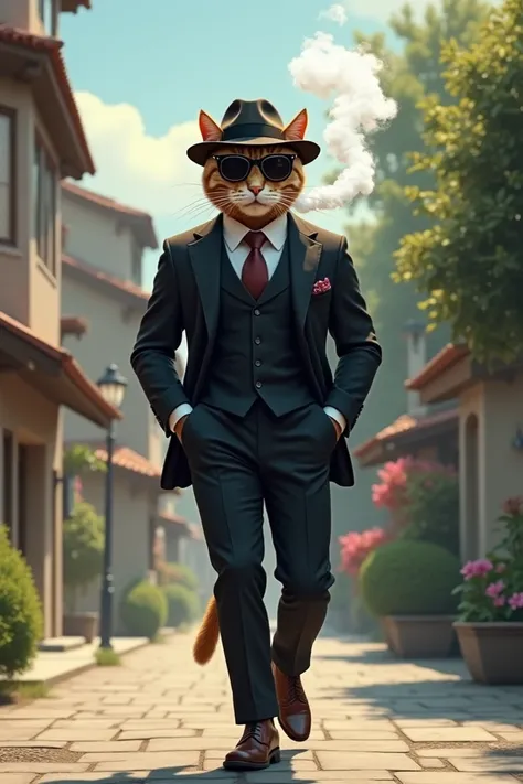 A cat with gangstar looks walking along the peaceful roads ,using vaps with smoke 