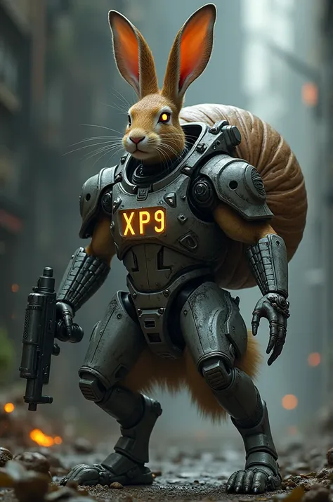 Hase als terminator mit "XP9 " On the chest, Snail shell on the back and weapons in the hands