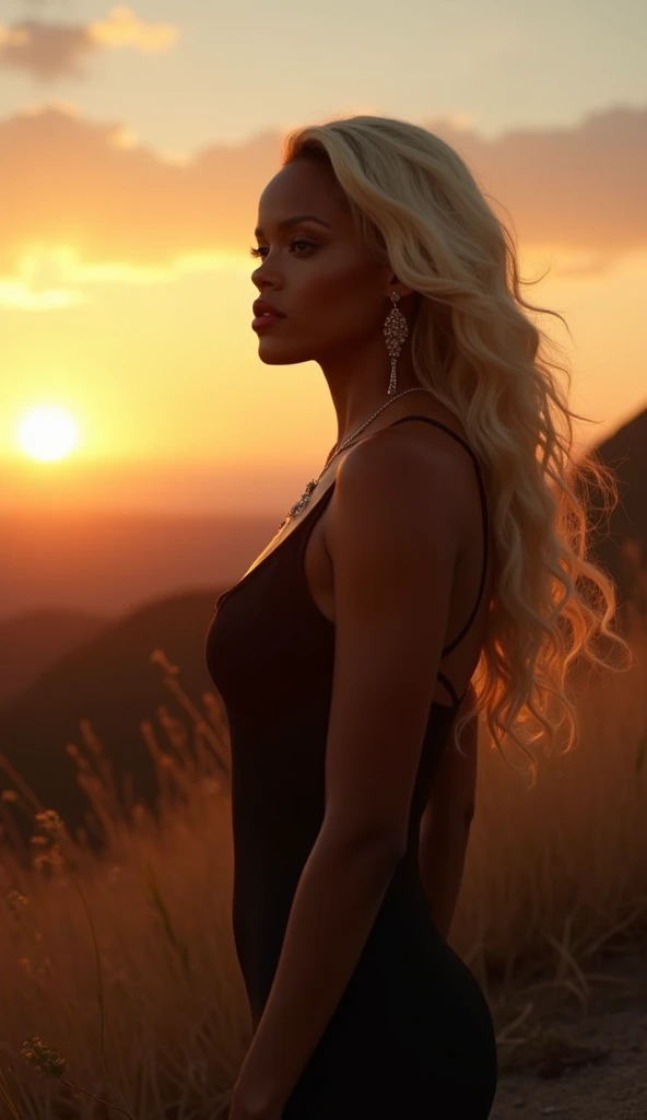 Rihanna blonde in a black dress at a sunrise 