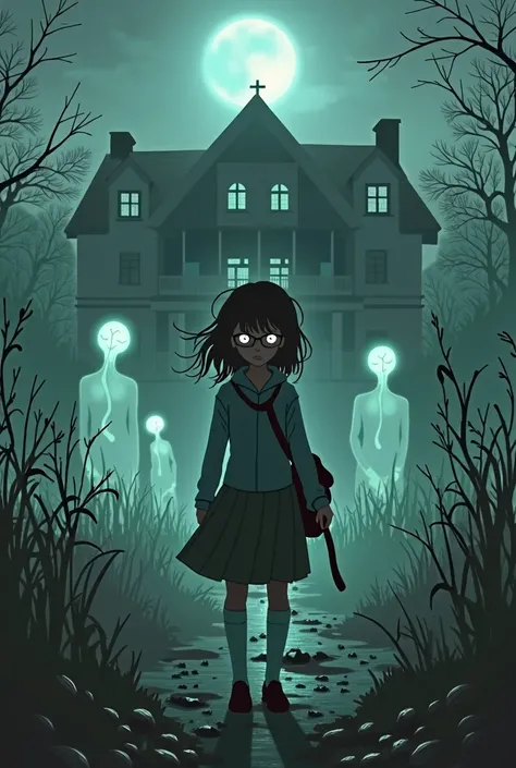  an abandoned orphanage surrounded by the spirits of ren in the midst of the spirits of ren a paranormal investigator girl with shoulder-length hair wearing glasses 