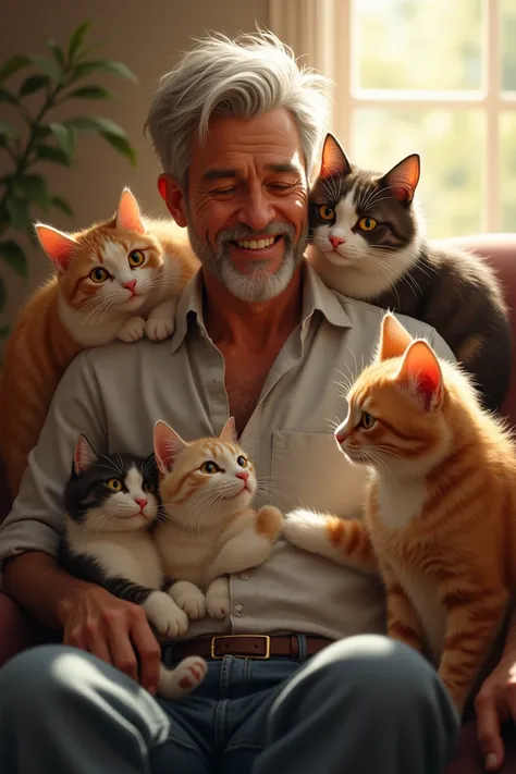 Guy with loving cats