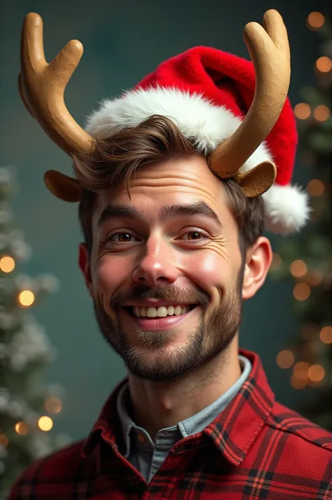 Man with reindeer horns and a Christmas hat on the tips of the horns