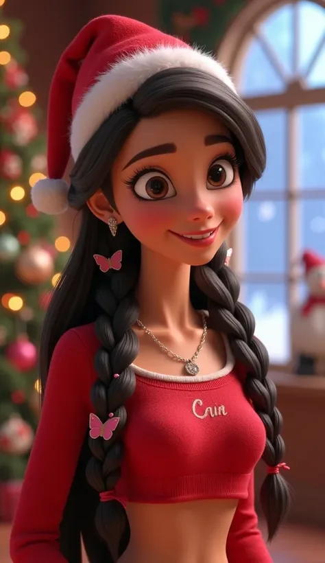 create a 3D animation of a disney princess wearing red crop top sweater with a necklace she has a long braided hair with a butterfly hairpins and a necklace wearing a santa hat with a printed name "CHIN" with a christmass wall photography on the background