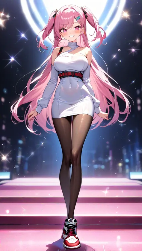 1girl, masterpiece, best quality, very aesthetic, absurdres, solo, full body, standing, ((very tall):1.4), thin, [skinny], long hair, (very long legs):1.4, (walking at viewer, catwalk modeling), two side up, pink hair, hairclip, swept bangs, pink gradient ...