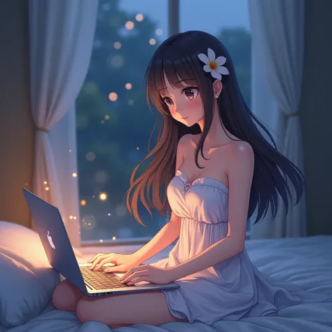 anime girl with long hair, strapless summer dress, sleeveless dress, strapless dress, hair behind shoulders, flower in hair, sitting in bed, using Laptop, staring at laptop, peaceful, evening, strapless, somewhat athletic figure 