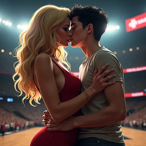 Sexy drawing 3 of mature blonde MILF mother with curly haired black boy they get caught by the basketball kisscam . They kiss in the middle of the stadium
