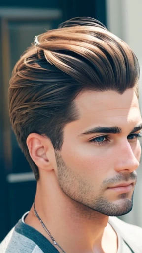 An American man with stylish hair focusing on his face 