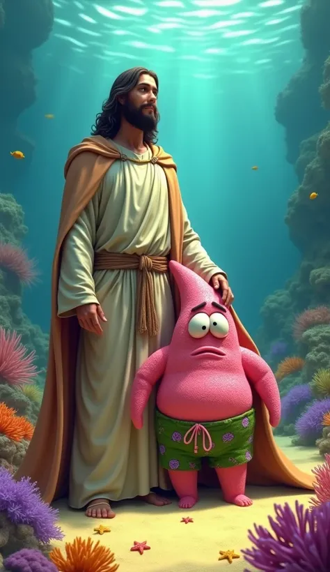 A dramatic underwater scene featuring Jesus standing tall, exuding power and security. Jesus wears a simple beige tunic tied with a rope at the waist, and his expression conveys authority and divine protection. He extends one arm outward in a gesture of ca...