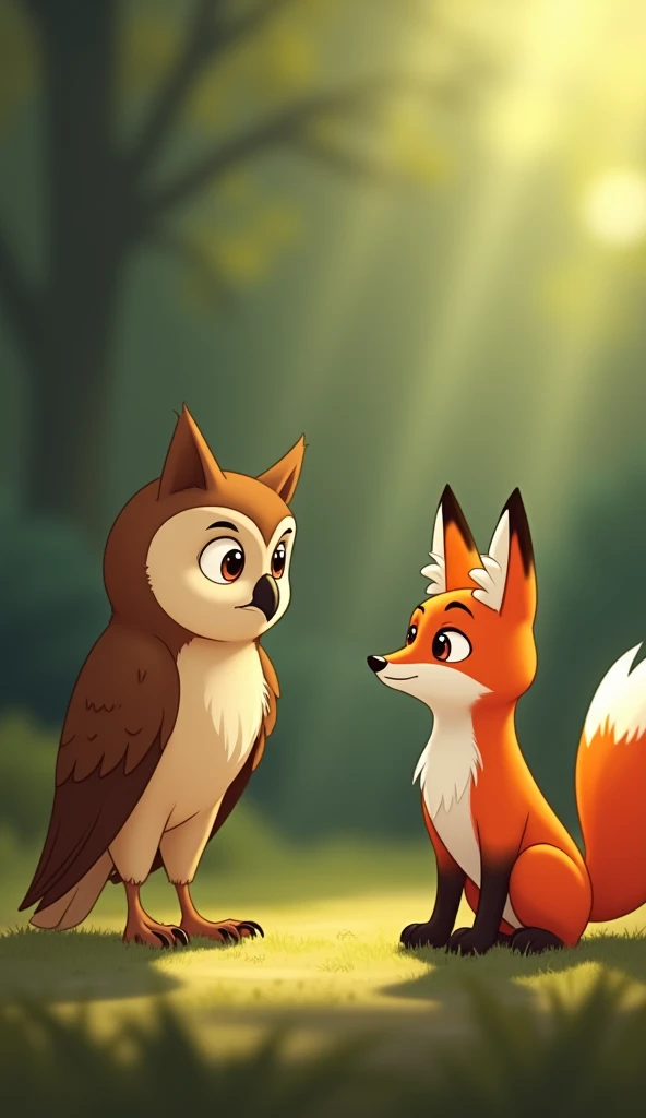 The Wise Owl: A calm, brown owl with large eyes and soft feathers, known for his quiet wisdom and thoughtful actions.replied toThe Proud Fox: A sleek, orange fox with sharp eyes and a bushy tail, boasting about his cleverness and loud personality. "Wisdom ...