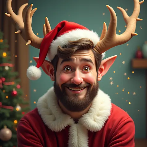 Man with reindeer horns and a Christmas hat on the tips of the horns