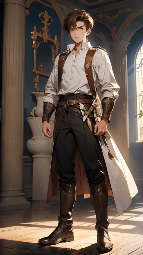 A 20-year-old young man with a noble and knightly demeanor stands confidently. He has brown hair and wears a white shirt, tucked into brown pants. Dark brown boots complete his outfit, and a sword hangs from his waist, the hilt peeking out from his side. H...