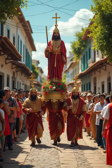  A procession of Saint Anthony in a city in the interior of Minas Gerais Brazil, with 4 people carrying the walk followed by two rows of men  , women and ren .