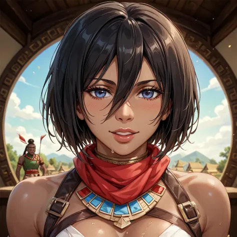 (( top quality)), ((masterpiece)), ( Details), （ perfect face）、The woman who became the wife of an African Maasai Aboriginal man is the dark-haired Mikasa Ackerman, wears a Maasai tribe costume in her tribe room, wears Maasai accessories, looks like a Maas...