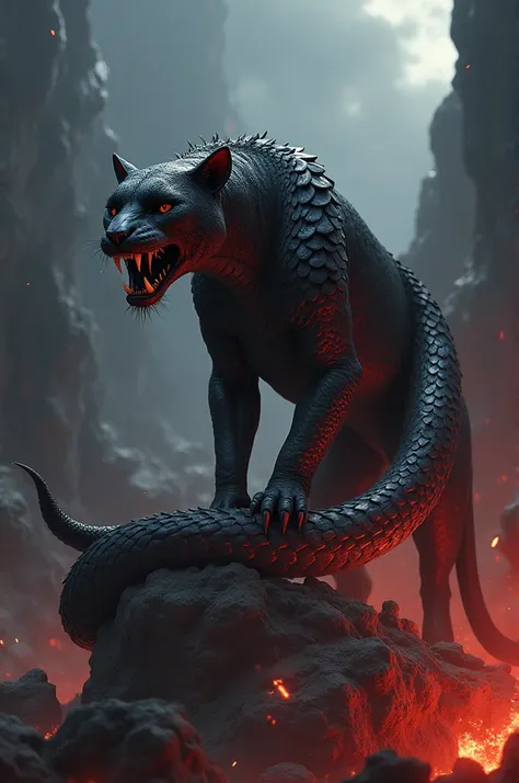 Hybrid Panther-Snake Creature:
"Create an image of a hybrid creature that seamlessly combines the features of a panther and a snake. The body should be sleek and muscular like a panther, but with scales starting at its back, extending along its sides, and ...