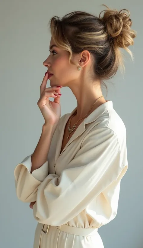 A woman in her 30s stands sideways looking to the left in a sleek, modern office with a confident expression. She has brown hair with blonde highlights and is wavy in a deconstructed bun, is wearing an off-white outfit, and wears necklaces, which add a ref...