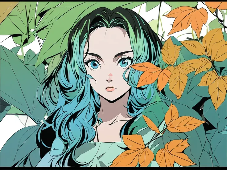 a red-haired woman eating an apple near a tree that had orange leaves , I want the snake in the color green. Make the image in the manga style ,  as if it were drawn by Gege Akutami, use shades of blue , whites and blacks, greens, among other variations , ...