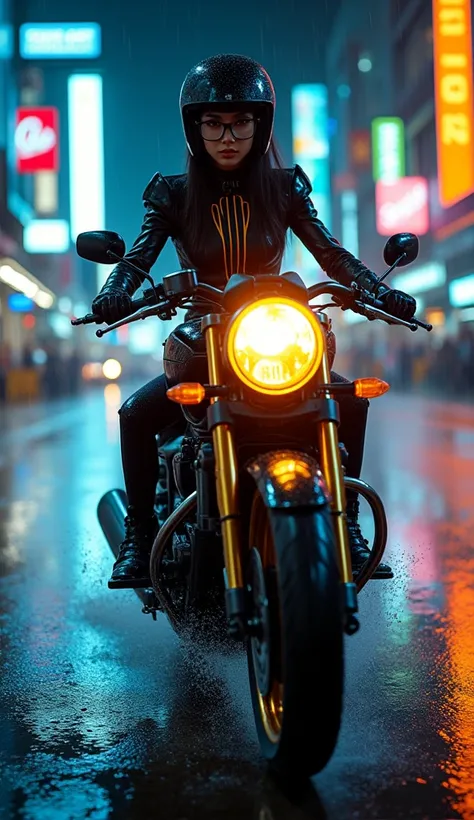 Close-up Photo-realistic of side view  A sexy woman (black half-face helmet, glasses, gloves, wearing a tight black leather jacket with two vertical yellow stripes on the chest, black shorts, black boots with brightly lit under-shoe lining, wet body), ridi...