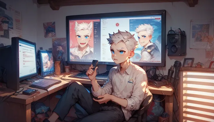 A young boy in white jacket over white tshirt white hairs white eyebrow blue eyes seated besides of a computer in his room like his recording a video of himself for YouTube 