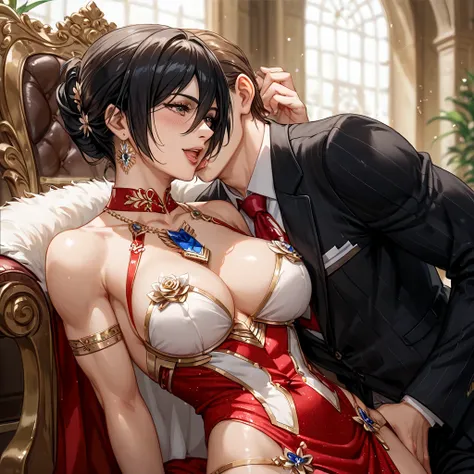 (( top quality)), ((masterpiece)), ( Details), （ perfect face）、The woman who went from being a concubine in Harlem to becoming a regular wife was Mikasa Ackerman with dark hair, wearing luxurious and glittering clothes in a luxurious room, wearing luxuriou...