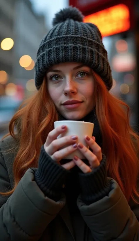 25 years old woman with green eyes, long reddish hair, with coat and winter hat, drinking coffee in london, in the background you can see the streets of london, the image is taken with a professional canon camera with a dim light.