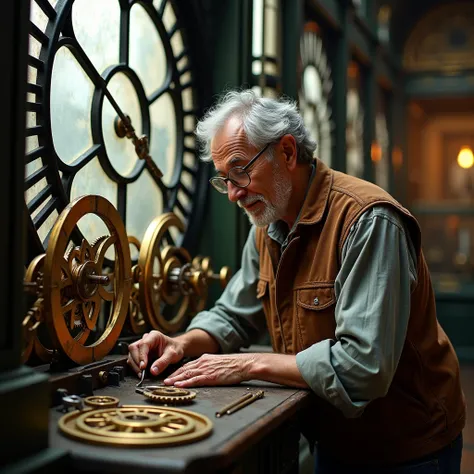 The image shows an elderly watchmaker, affable and serene looking, leaning over the intricate machinery of a monumental clock installed in a historic building. His grey hair is slightly disheveled, and he wears small round glasses that rest on his nose. He...