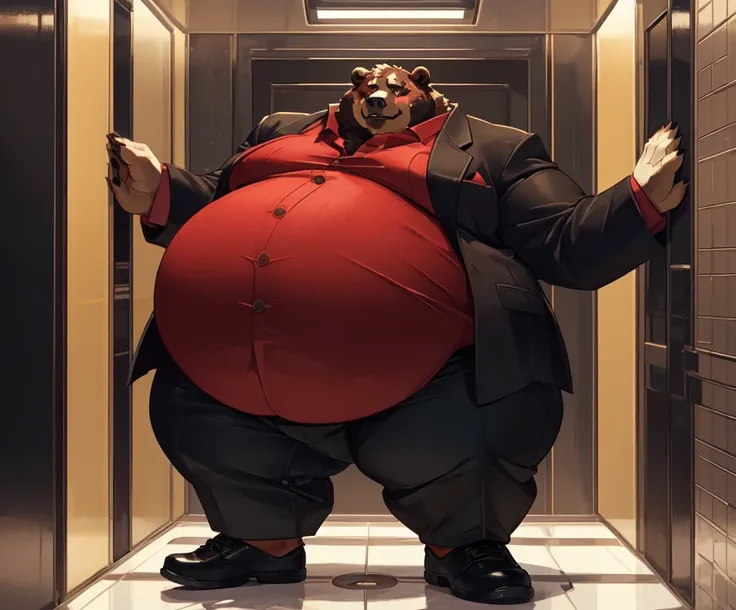 Very Extremely Morbidly-Obese Grizzly Bear with Very Extremely massive Overhang hyper Belly, very extremely overweight, massive belly, chubby face, chubby legs, chubby butt, stuck inside elevator, scar on the face, wears shoes, wears business suit, red eye...