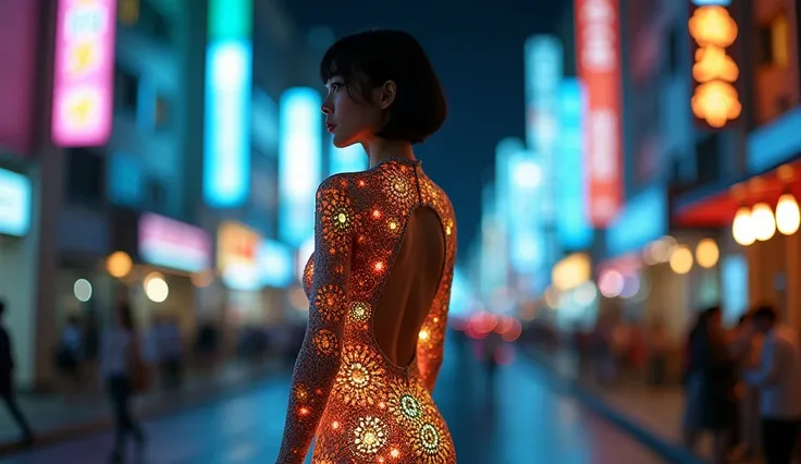 A stunning, high-resolution (8K) image featuring a solitary Japanese woman, likely the renowned model Lee Jae. The photograph showcases her in a mesmerizing, intricate race pattern, adorned with a colorful, stained-glass background. Her transparent body, r...