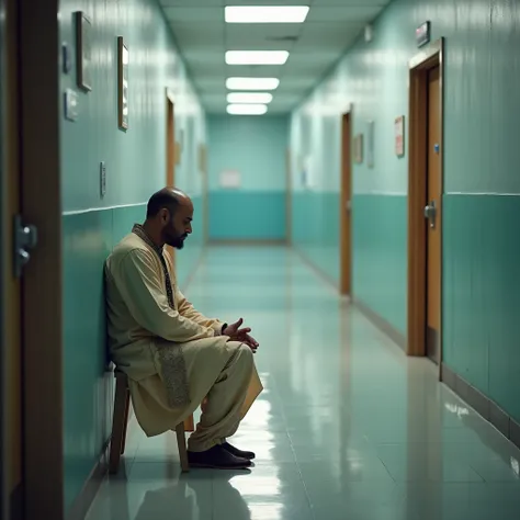  A depressed man in traditional Indian clothes in a clinic :  sits in the hallway of a medical facility with his shoulders down, feeling helpless .