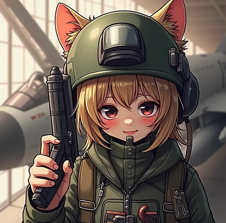 Best Quality, masterpiece, Ultra-detailed high resolution, (Realistic: 1.4), illustration, Dazzling background colors,Kitten holding a gun in front of a fighter jet,(Solo Exhibitions: 1.2), ([デニムlens: 1.2), Combat Uniform,No straps, (Red eyeliner: 1.2), (:...