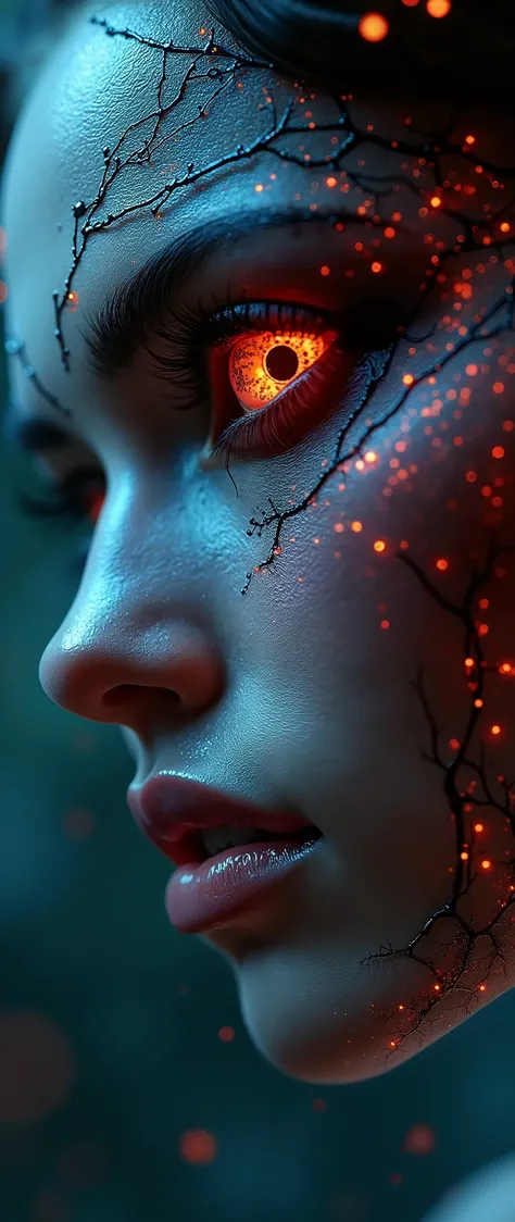 (High resolution,masterpiece:1.2),(actual:1.37),(best quality, High resolution, Super detailed, actual), Mesmerizing cyberpunk dark fantasy, (Her shining eyes:1.6), Hypnosis and, Capturing the Essence of the Demon Queen. details of her face, Elaborately cr...