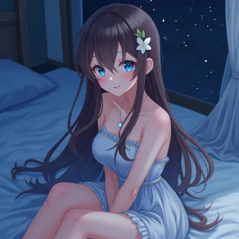 anime girl with long hair, strapless summer dress, sleeveless dress, strapless dress, hair behind shoulders, flower in hair, somewhat athletic figure, strapless, at night, in bed, sitting, smiling at you, comforting smile, blue starry eyes, brown hair, str...