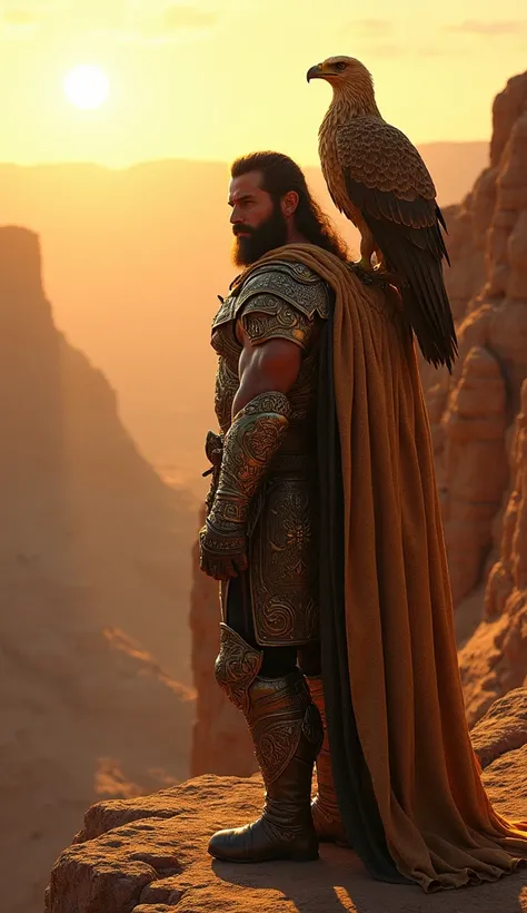 "A fierce warrior standing on the edge of a desert canyon at sunset, clad in bronze armor with intricate engravings. His sharp eyes gaze at the horizon as a golden eagle perches on his shoulder, its wings slightly spread. The eagles feathers glisten in the...