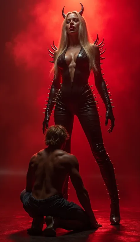 A dark, crimson-lit studio shot frames the scene, with a towering, statuesque female demon dominating the space. Her blonde locks cascade like a golden waterfall as she poses in a provocative stance, her massive breasts spilling out of a spiked leather sui...