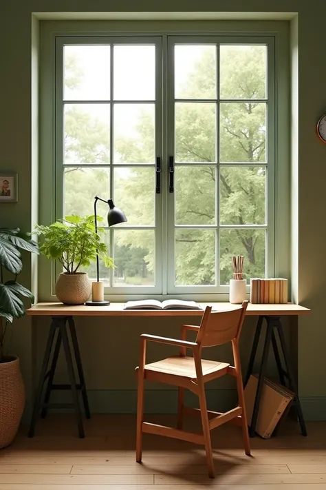 Study space with desk overlooking the patio ,  through an aluminum-framed window with olive green walls