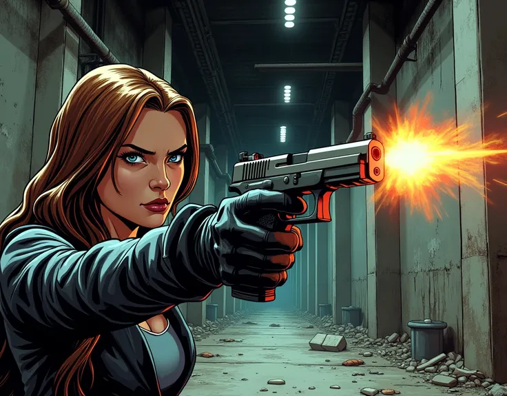 (((Digital realistic comic)))),((Modern American comic style)), We see a womans hand with a black glove holding a Glock 17 and pulling the trigger, we see a bullet just as it leaves the barrel of the Glock 17 pistol. Background scene, abandoned factory, in...