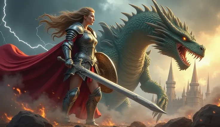 A beautiful medieval woman in ornate silver armor, standing valiantly as she faces off against a massive dragon. She holds a gleaming sword in one hand and a detailed shield in the other, her pose exuding both strength and grace. Her flowing crimson cape f...