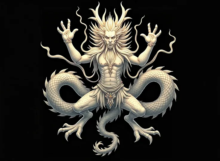 ((LOGO)) CHINESE DRAGON, BLACK BACKGROUND, TWO HANDS, TWO FEET, MANJUSHRI, HUMAN-DRAGON