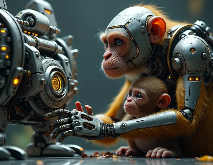  robot manipulating an object, and a monkey with its baby 