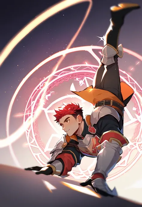 1boy,jrpg fantasy brave handsome man,wearning knight armor,orange and pink and white,Handstand,simple color,headspin,magic circle,laser beam magic,,Handstand