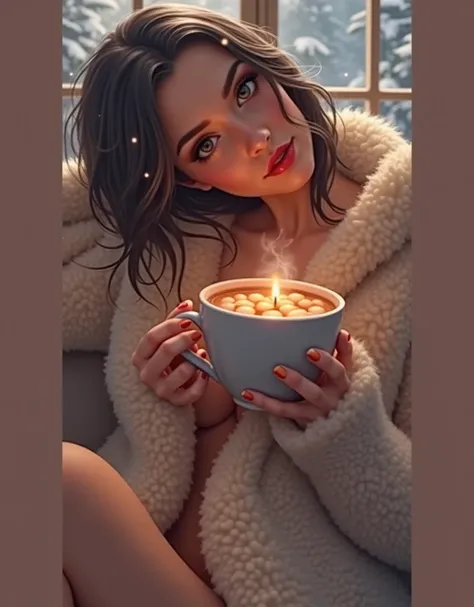 Attractive Italian woman with long straight black hair and prominent breasts and black eyes with a calm and lovely smile, holding a cup of hot drink with marshmallows. She is wearing a thick, creamy white woolen dress that conveys a sense of warmth and com...