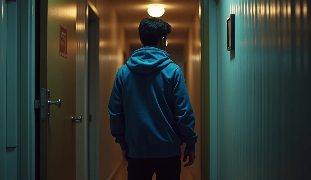 28 year Young Indian boy standing near door, back pose, detailed image, wearing blue jacket and black pant, cinematic scene, cinematic lighting, ultra realistic, hyper realistic, highly detailed image, Full HD image