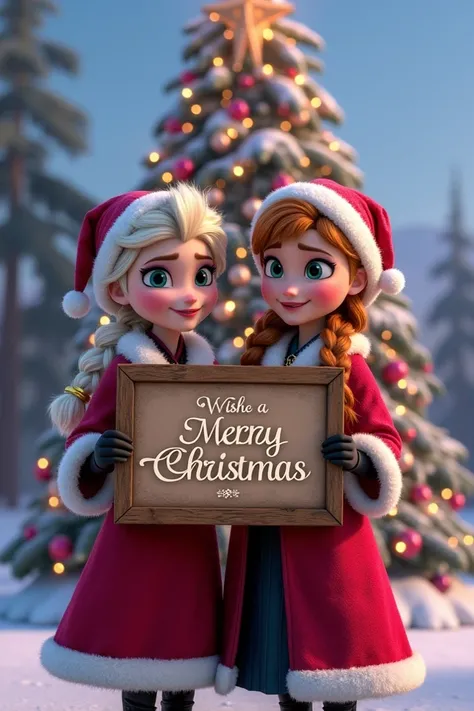 Elsa et anna de la reine des neiges, habillées toutes les 2 en mère Noël,  elles tiennent un panneau où il est ecrit "Joyeux Noël Eryne et Coraline!", derrière il y a un immense et beau sapin de Noël 