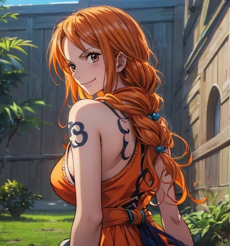 (masterpiece, top quality, 4K, 8k,   high definition  , 最高masterpiece:1.2),  super detailed, ( realistic , photo realistic , photo- realistic :1.37),   Maintaining Anime Style  ,  Nami in One Piece, pale orange hair hidden in thick grass ,Beautiful hairsty...