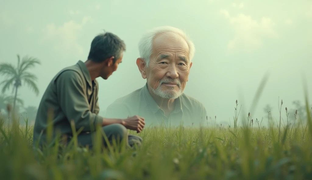 Anim a soft dreamlike image of an old man appearing in the mind of an Asian young farmer as he sits thinking 